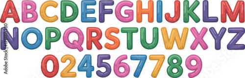 This image displays a full alphabet in uppercase letters and a partial set of numbers, all rendered in bright, rounded, and colorful 3D-like bubble letters.