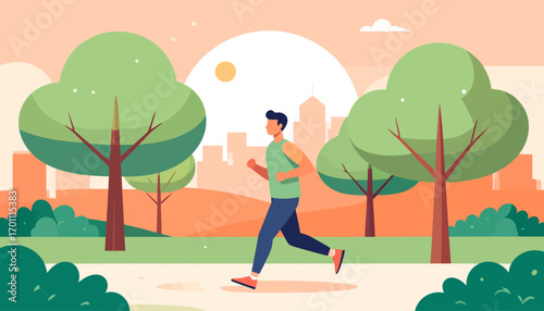 Healthy man jogging in a city park at sunset, enjoying an outdoor fitness routine for a balanced lifestyle in a modern urban landscape