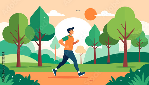 Vector illustration of an athletic man jogging on a path in a scenic park during a sunny morning