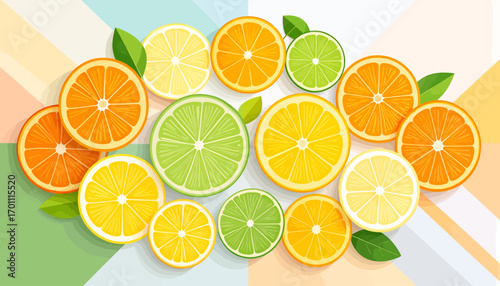 Assortment of Fresh Citrus Fruits, Including Oranges, Lemons, and Limes, Arranged Artfully on a Colorful Background
