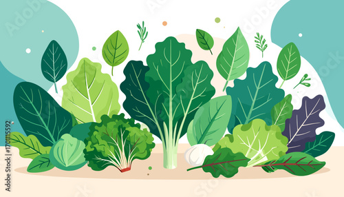 Vibrant assortment of fresh, organic leafy green vegetables and healthy herbs, beautifully illustrated to symbolize natural nutrition and a balanced plant-based diet