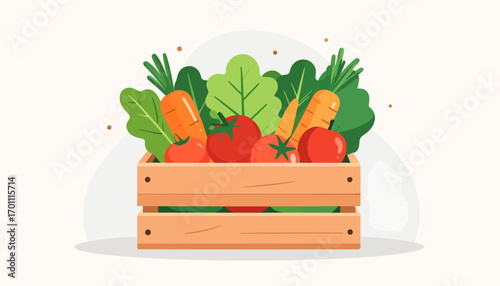 Fresh, colorful organic vegetables like crisp carrots, ripe tomatoes, and leafy greens in a rustic wooden crate, symbolizing a healthy harvest and nutritious eating