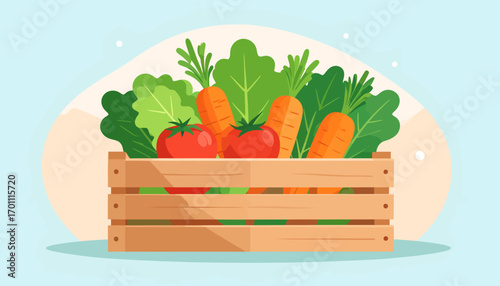 Fresh Harvest Colorful Vegetables in Wooden Crate