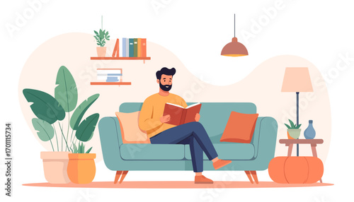 Cozy Home Reading Man Relaxing on Sofa with Book