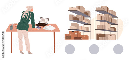 Woman working at desk with laptop, papers, and phone, managing inventory for warehouse stocked with boxes. Ideal for organization, logistics, supply chain, e-commerce, planning productivity simple