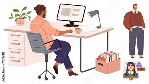 Man at desk with computer, examining content, surrounded by a standing figure and misinformation alert. Ideal for remote work, productivity, tech, media literacy, content review, misinformation