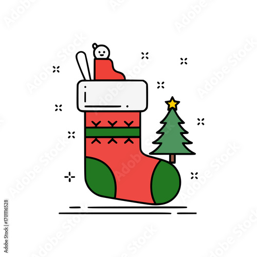 Cartoon vector artwork showing holiday sock with white cuff, Christmas tree, winter snow accents, and traditional festive celebration style