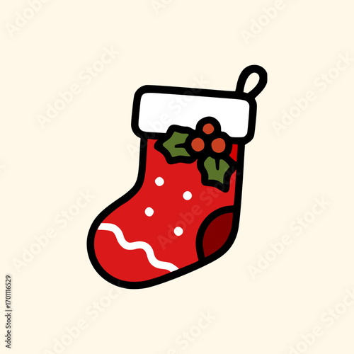 Cute holiday stocking in red color with white pattern and green holly leaves simple festive winter seasonal design