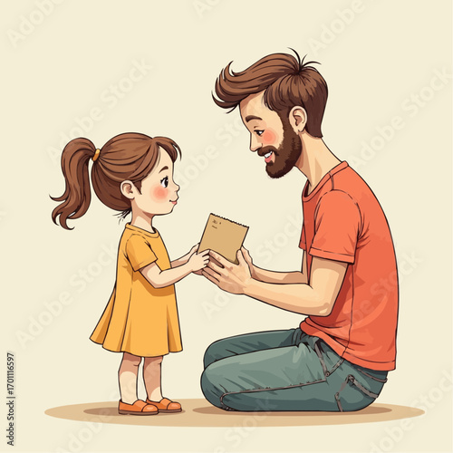 Father receiving a gift from his daughter, both smiling, on a light background