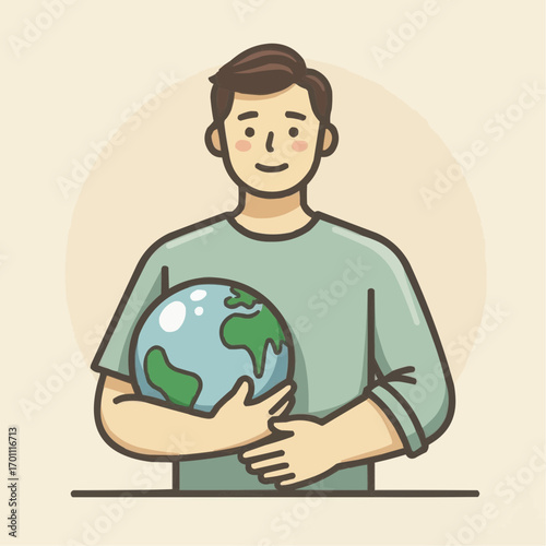 Smiling young man holding a globe with a gentle background
