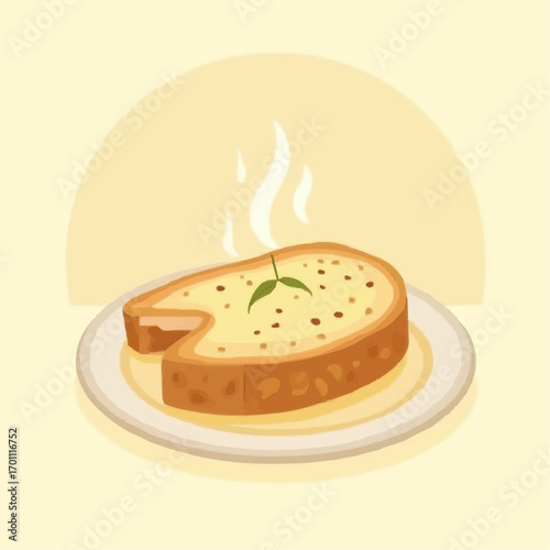 Delicious toasted bread slice with melting cheese and a sprig of greenery on a plate