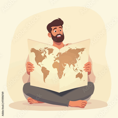 Illustration of a man sitting and looking at a world map with a surprised expression