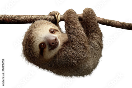 Adorable three-toed sloth hanging upside down from a branch, against a transparent background. background removed