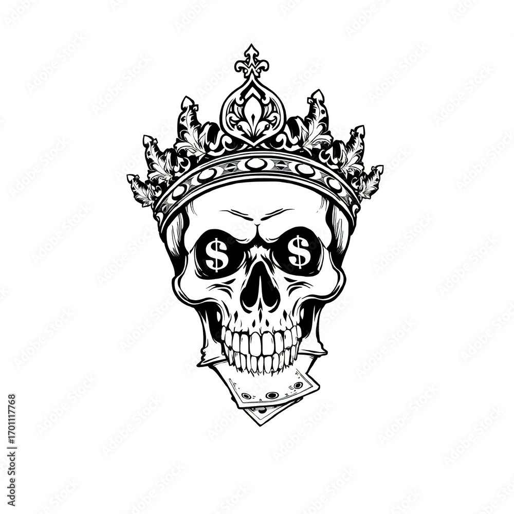 Fototapeta premium Skull wearing a crown with dollar signs in its eyes and playing cards