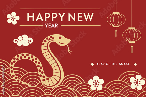 A stylized golden snake with polka dots and stripes on a red background with Chinese lanterns and plum blossoms