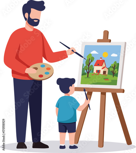 Father and child painting a house landscape on canvas together. Suitable for family bonding, artthemed projects, diy crafts, and creativity concepts.