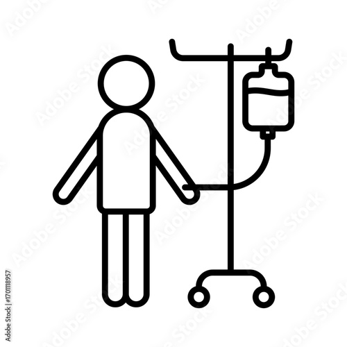 Patient with IV Drip Bag line icon. Infusion medical illustration. Donor and blood transfusion. Vector design for info graphics and websites