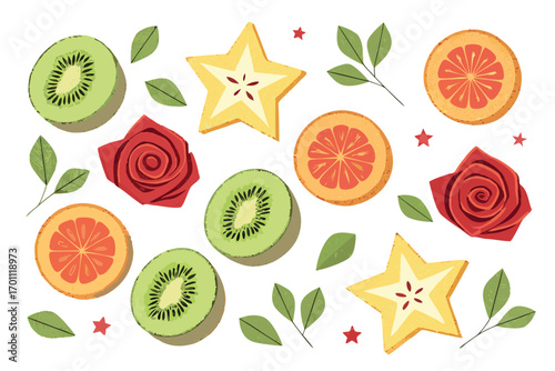 Flat lay of sliced kiwi star fruit grapefruit slices and red roses with green leaves and red stars kiwi fruit