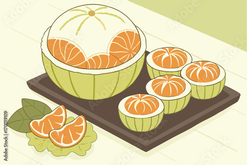 Sliced citrus fruit with segments and leaves on a tray orange grapefruit