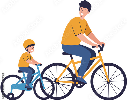 Family bonding during a bicycle ride perfect for fathers day promotions, family activities, healthy lifestyle, parenting, outdoor recreation concepts.