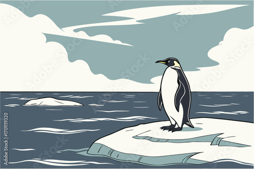 Single emperor penguin stands on ice floe in dark blue water under cloudy sky bird animal