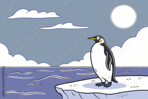 Cartoon penguin stands on ice floe with wavy blue water and cloudy sky illustration animal