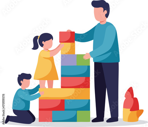 Father and two kids building a tower. Family bonding, construction, childhood memories, teamwork, creative play, parental involvement, joyful moments.
