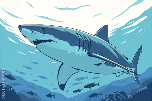 Great white shark swims in clear blue ocean water with small fish and coral underwater