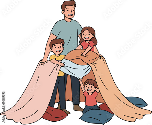 Father and three kids collaborate in building a cozy blanket fort indoors, perfect for family bonding or homerelated concepts.