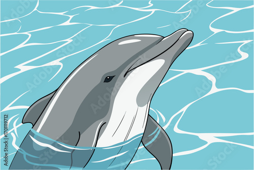 Gray bottlenose dolphin emerges from bright blue water with white wave patterns marine mammal ocean