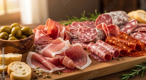 Assortment of cured meats, olives, and bread on a wooden board.