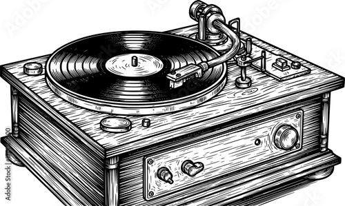 silhouette vector of Vintage Record Player Illustration, A Nostalgic Woodcut Style isolated on white background svg png