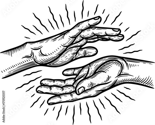 silhouette vector of Woodcut Illustration of Healing Hands Radiating Energy isolated on white background svg png