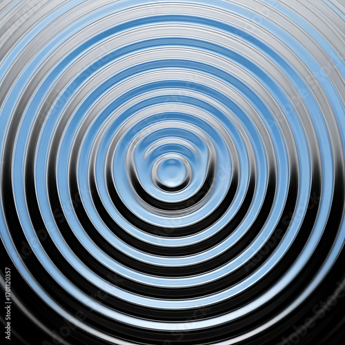 A striking pattern of concentric ripples in glossy blue and metallic silver tones, radiating outward from a central point abstract vector background art