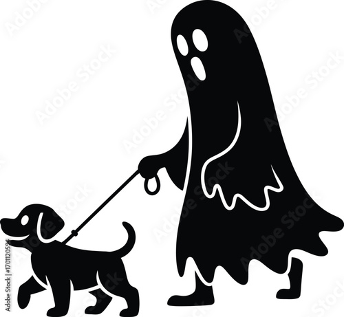 Halloween Ghost Walking Dog Silhouette Illustration