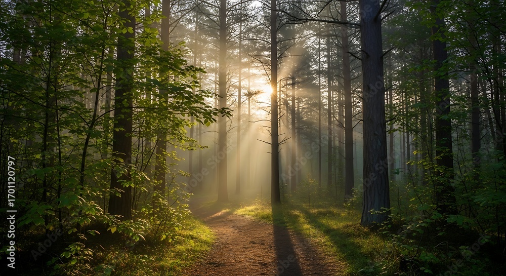 Fototapeta premium Sunlight filtering through a mystical forest path creating a serene natural landscape.