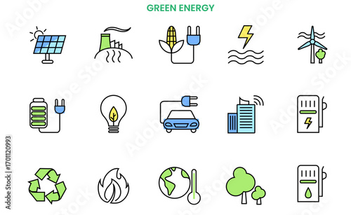 Green Eco Earth Icon Set Outline Vector, Green energy icons set, renewable energy, Sustainable Living vector icon pack