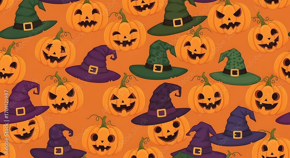 Fototapeta premium Halloween seamless pattern with pumpkins and witch hats on orange background.
