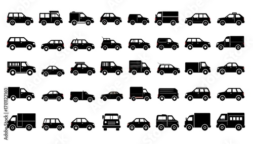 A comprehensive collection of various vehicle silhouettes, showcasing diverse models of cars, vans, and trucks.