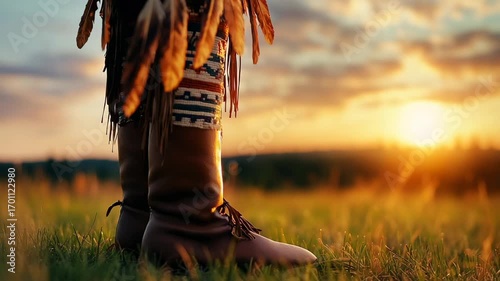 Native American Leather Boots on Grass at Sunset