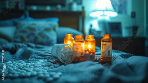 Multiple amber medicine bottles and white pills on bed in dark bedroom