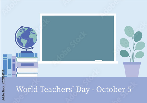 vector illustration of an empty classroom with a blackboard, globe, and books for a World Teachers' Day background design.