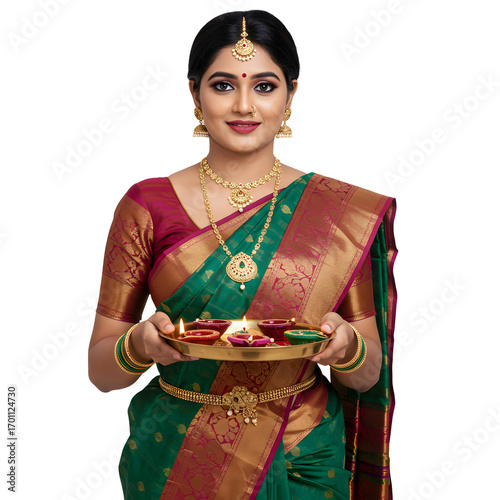 Indian woman in saree holds lit diyas on a tray adorned with jewelry on white or transparent background