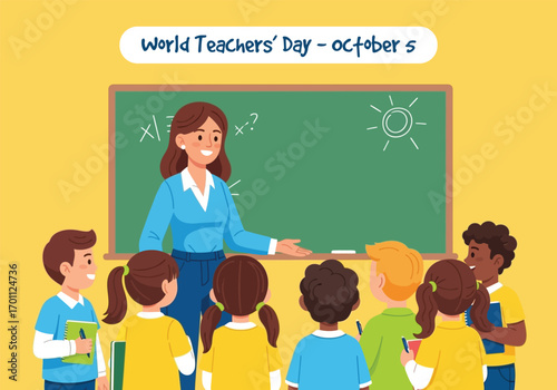 vector illustration of a female teacher with a diverse group of students in a classroom for a World Teachers' Day celebration.