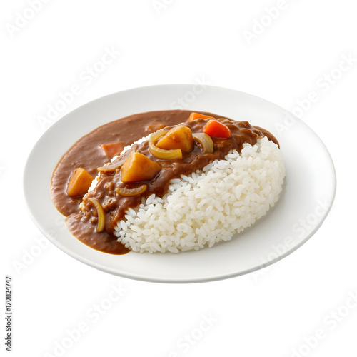 Japanese curry rice curry over rice with potatoes onions and carrots on a white plate on white or transparent background