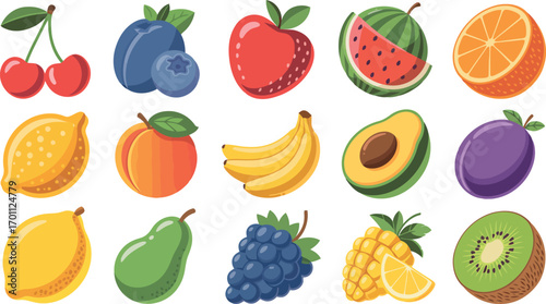 This vibrant image displays a diverse collection of fresh fruits, including cherries, blueberries, apples, watermelon, oranges, lemons, peaches, bananas, avocados, plums, pears, grapes, pineapples,  