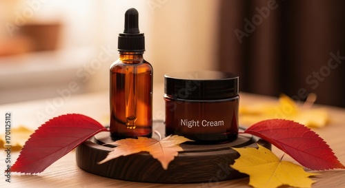 Still life featuring a brown glass bottle with a dropper and a jar of night cream, displayed with colorful autumn leaves on a wooden surface.
