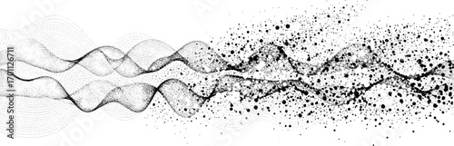 Abstract stipple wave flow in light grain texture and digital spray. Gradation of particles in monochrome background. Vector.	