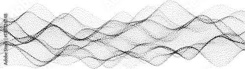 Abstract stipple wave flow in light grain texture and digital spray. Gradation of particles in monochrome background. Vector.	