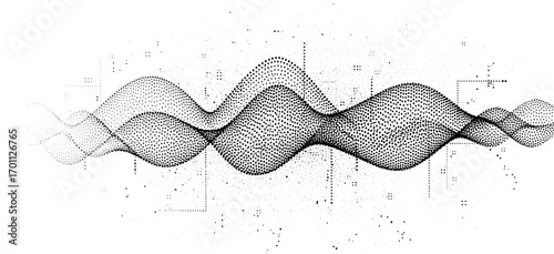 Abstract stipple wave flow in light grain texture and digital spray. Gradation of particles in monochrome background. Vector.	